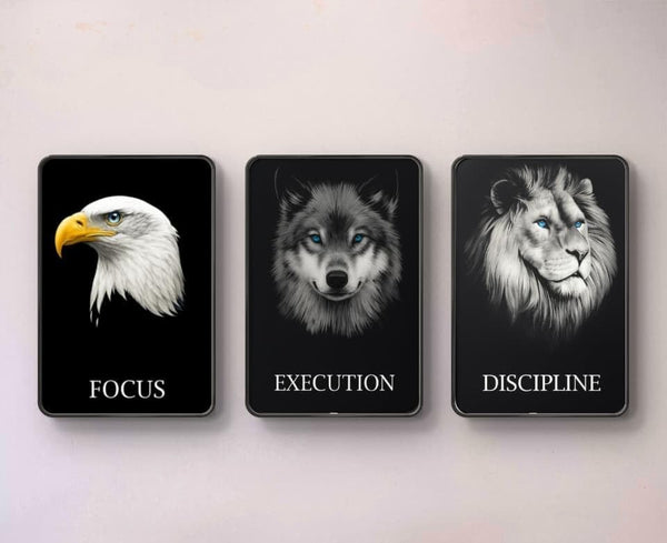 Shubhspace Motivational Animal Wall Art Set of 3 | Lion Wolf Eagle Resin Glossy Painting | Discipline Execution Focus