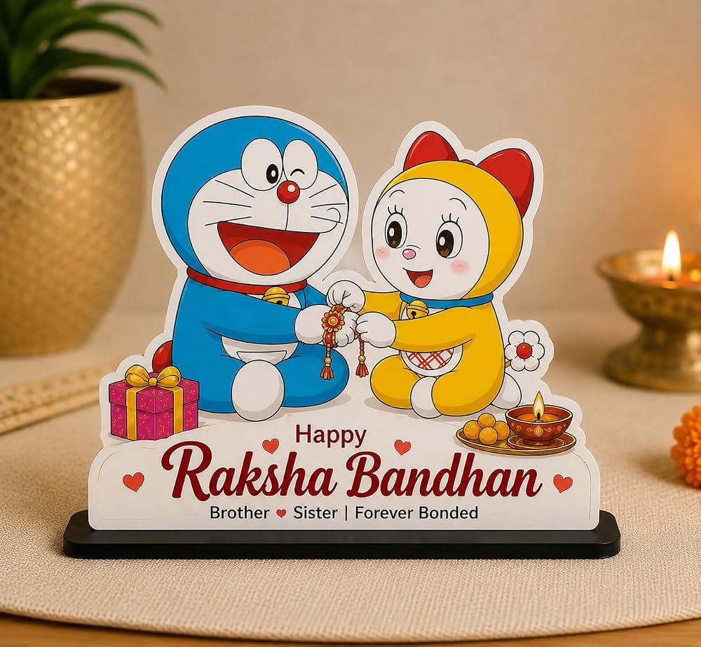 Shubhspace Doraemon & Dorami Raksha Bandhan MDF Table Top Stand | Cute Brother Sister Gift | 17.5x16 cm