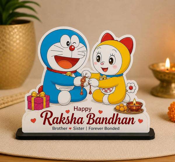 Shubhspace Doraemon & Dorami Raksha Bandhan MDF Table Top Stand | Cute Brother Sister Gift | 17.5x16 cm