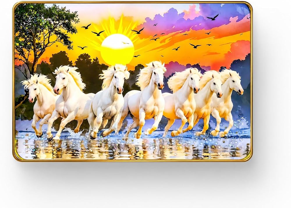 Shubhspace 7 White Running Horses Wall Painting with Frame | Vastu Sunrise Artwork | 12x18 inch