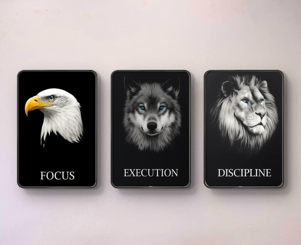 Shubhspace Motivational Animal Wall Art Set of 3 | Lion Wolf Eagle Resin Glossy Painting | Discipline Execution Focus