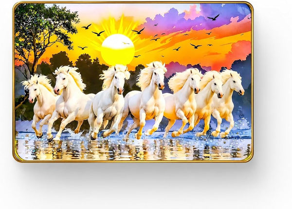 Shubhspace 7 White Running Horses Wall Painting with Frame | Vastu Sunrise Artwork | 12x18 inch